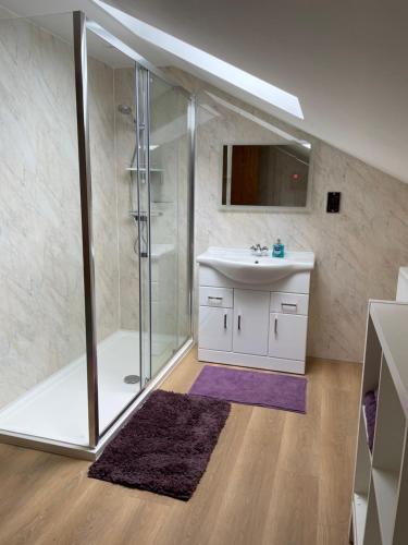 a bathroom with a shower and a sink and a mirror at The Old Stables in Coleford