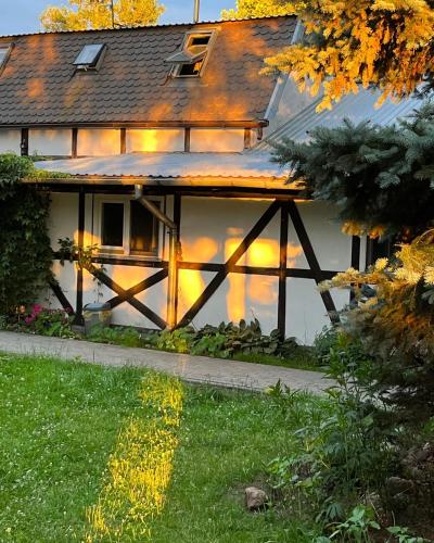 a house with a large window and a roof at Apartament-samodzielne mieszkanie-Agroturystyka-puszcza kampinoska in Leoncin