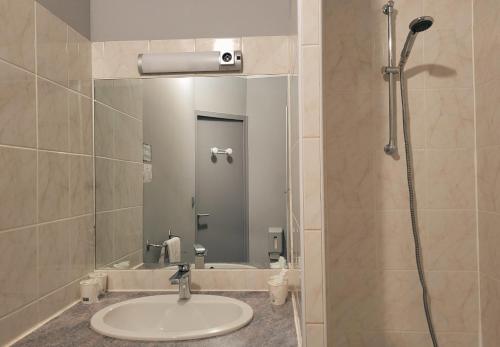 a bathroom with a sink and a shower with a mirror at Hotel Restaurant Les Chataigniers in Privas