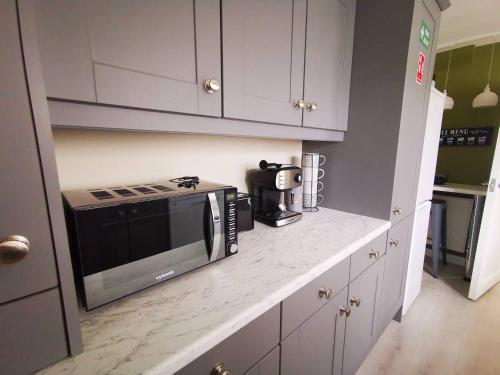 a kitchen with a stove and a microwave on a counter at 4BR Modern Botanic House in Belfast