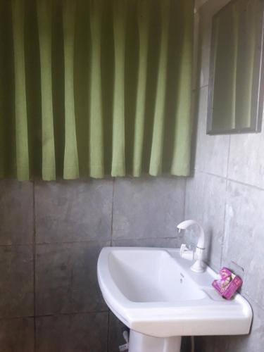 a bathroom with a sink and a green curtain at WATHSALA HOME VILLA(homestay) in Ella