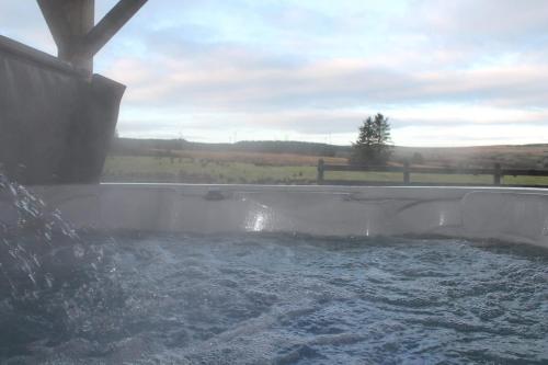 uma banheira cheia de água com um campo ao fundo em Forest View House & Hot Tub Sleeps 9 em Ballynameen
