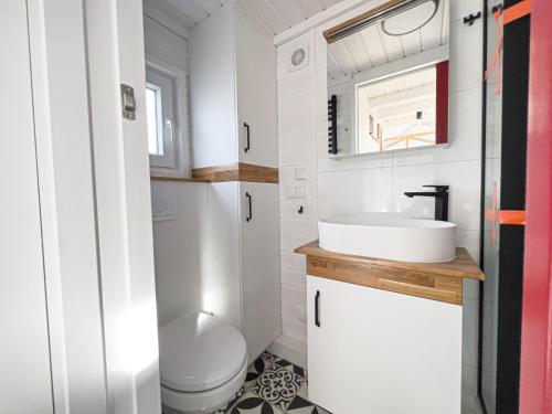 a bathroom with a toilet and a sink at Red Tiny House in Sopot