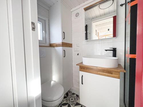 a bathroom with a toilet and a sink at Red Tiny House Sopot in Sopot