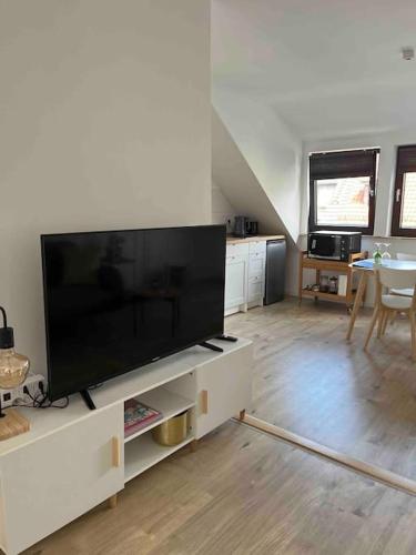 ein Wohnzimmer mit einem großen Flachbild-TV in der Unterkunft Casa Studioapartment mit kostenlosen Parkplätzen in Bremen