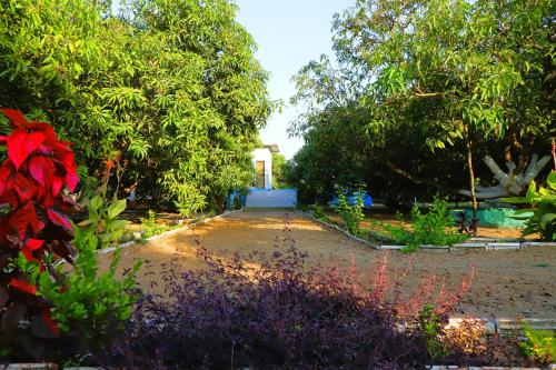 a garden with flowers and trees and a building at Danak Farm And Resort in Sasan Gir
