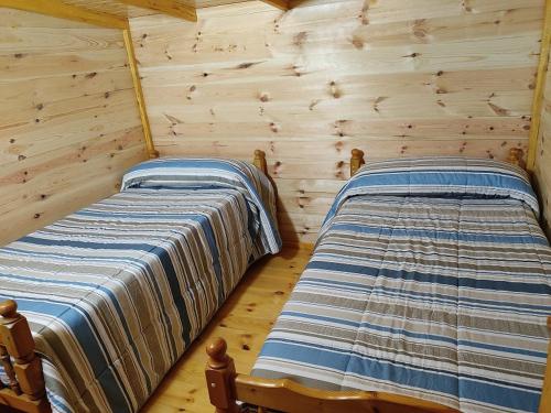 Duas camas num quarto com paredes de madeira em Cabañas Camping Sierra de Peñascosa em Peñascosa