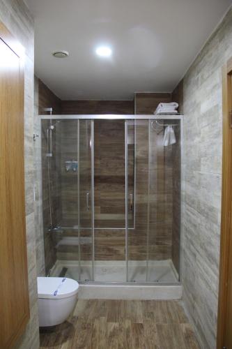 イスタンブールにあるVplus hotel atasehirのバスルーム(ガラス張りのシャワー、トイレ付)