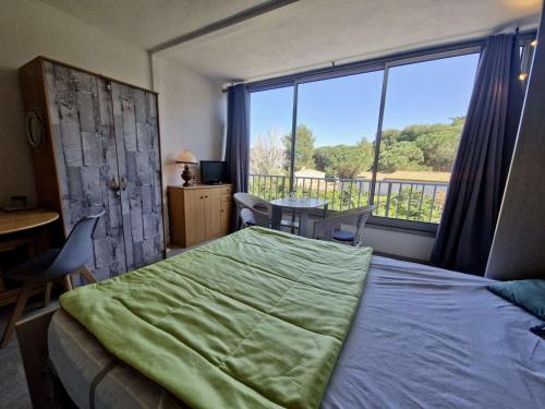 une chambre avec un lit et une grande fenêtre dans l'établissement Studio cabine rénové, équipé pour 4 pers., parking privé - Saint Cyprien - FR-1-225D-5, à Saint Cyprien Plage