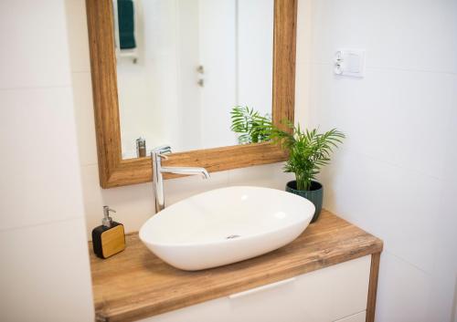 a bathroom with a white sink and a mirror at Apartament Wiśniewski - nad Jeziorem Drwęckim in Ostróda