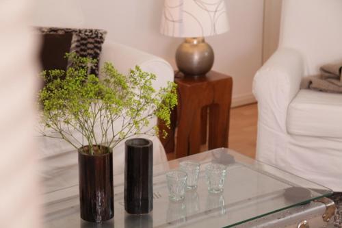 ein Wohnzimmer mit einem Glastisch mit einer Vase in der Unterkunft Haus Koenige Hinterzarten in Hinterzarten