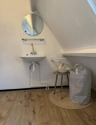 ein Badezimmer mit einem Waschbecken, einem Spiegel und einem Tisch in der Unterkunft Hello Noordwijk - Tiny House Dahliastraat 60 in Noordwijk