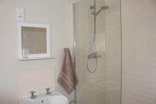 a bathroom with a shower and a sink at Sunrise Cottage in Llanddulas