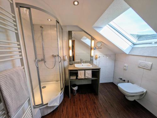 ein Bad mit einer Dusche, einem WC und einem Waschbecken in der Unterkunft Hotel Zum Löwen - Unteres Wirtshaus in Titisee-Neustadt