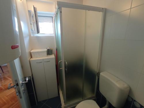 a small bathroom with a shower and a toilet at Apartment SKY in Novalja
