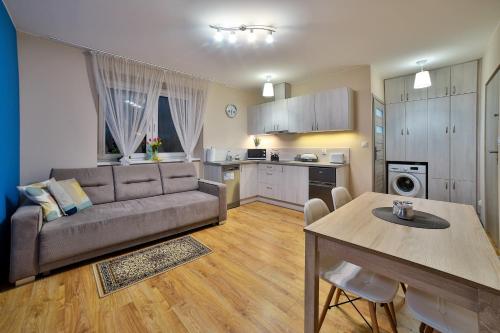 a living room with a couch and a table at Apartamenty KOMBI in Nowy Targ
