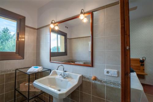 ein Bad mit einem Waschbecken und einem Spiegel in der Unterkunft Mas Trucafort - Masia Braseria - Alojamiento Adults only in Falset
