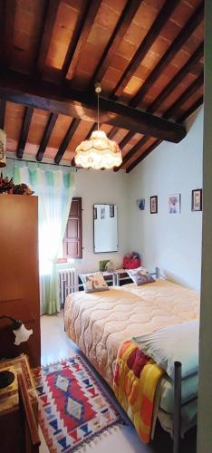 a bedroom with a large bed and a chandelier at La casa dei nonni in Larciano