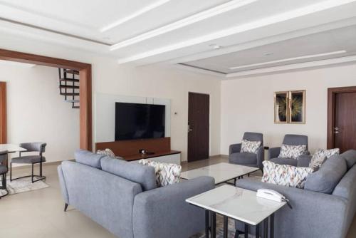 a living room with couches and a flat screen tv at Aapartments in Abuja