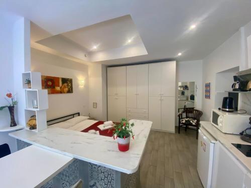 une cuisine avec un comptoir blanc et un salon dans l'établissement PV1- Paul Valery Studio Five Stars Holiday House, à Nice