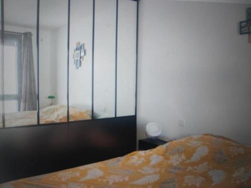 1 dormitorio con cama y espejo grande en Appartement Montreuil 60M2 - Idéal JO Paris 2024, en Montreuil