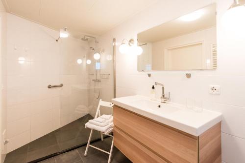 een badkamer met een wastafel en een douche bij Studio Kapitein in Ballum