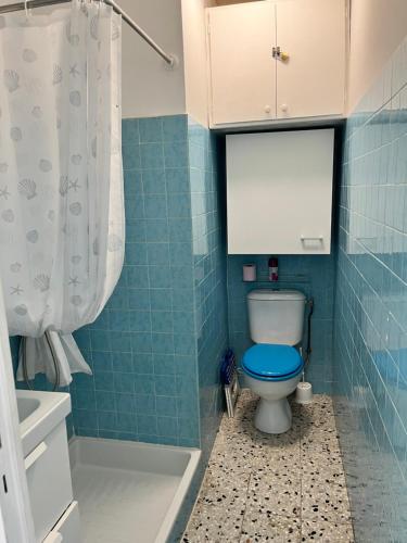 La salle de bains est pourvue de carrelage bleu, de toilettes et d'une douche. dans l'établissement Studio Aquarium Canet, à Canet