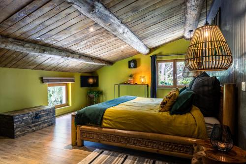 - une chambre avec un lit dans une pièce aux murs verts dans l'établissement Lavand'Ange et SPA, à Sarrians