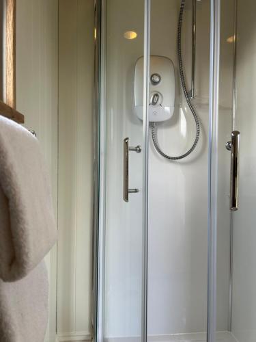 a shower with a glass door in a bathroom at Lower Crankan Farm in Penzance