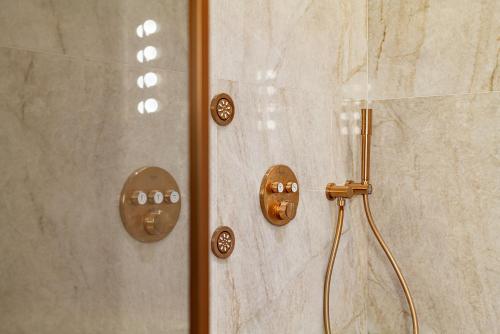 a shower with brass fixtures in a bathroom at Casa Faraona Luxury Residences in Madrid
