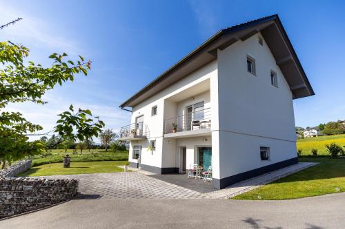 a white house with a black roof at Apartments & Wellness Dalija with Massages studio in Podčetrtek