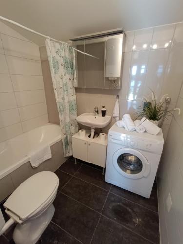 a bathroom with a toilet a sink and a washing machine at Hotel Guesthouse Stari Jasen in Zagreb