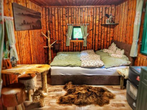 sypialnia z łóżkiem, stołem i kotem w obiekcie VLES chata uprostřed lesa w mieście Prachatice
