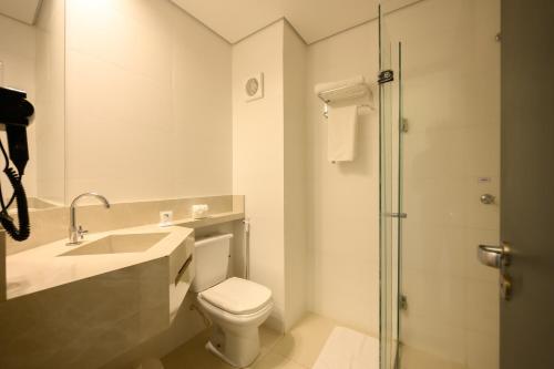 ein Bad mit einem WC, einem Waschbecken und einer Dusche in der Unterkunft Hotel Colonial in Itapetininga