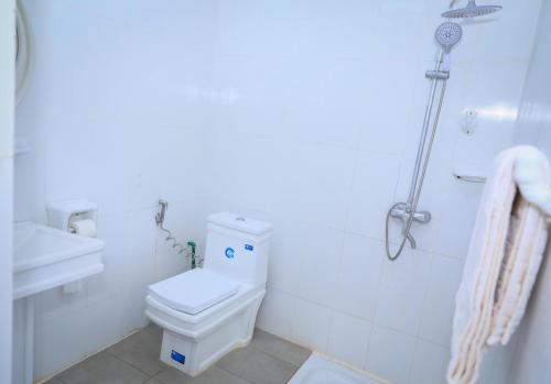 a white bathroom with a toilet and a shower at HÔTEL MARIADOR PARK in Conakry