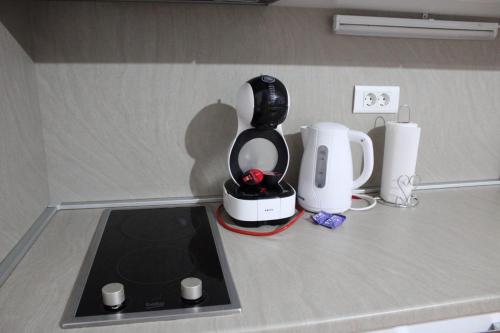 um balcão de cozinha com uma batedeira e comodidades para preparar café em Cozy apartment Ladybug, Sarajevo em Sarajevo