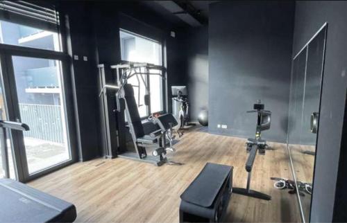 a gym with exercise equipment in a room with windows at Suite in Tempelhof in Berlin