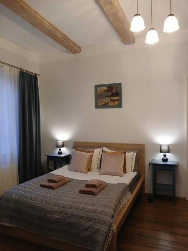 a bedroom with a large bed with two night stands at Tūrisma mītne ZVIEDRI in Līgatne