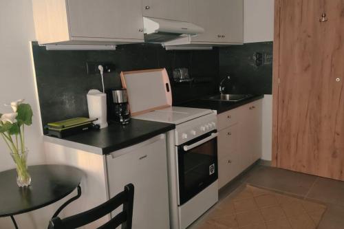 una pequeña cocina con fogones y mesa. en Punto central Home in Heraklio city, en Heraclión