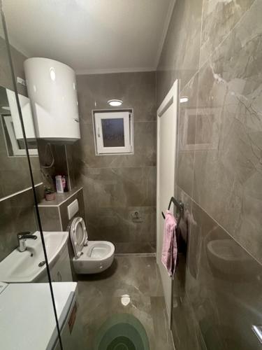 een kleine badkamer met een toilet en een wastafel bij Max Apartments in Podgorica