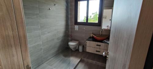 a bathroom with a toilet and a sink and a window at House on a Hill with Stunning Views near Troodos in Silikou