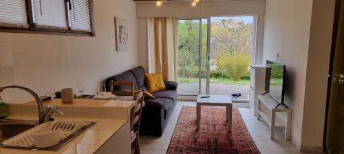 un salon avec un canapé et une télévision dans l'établissement un studio au cœur des champs,1h de paris, à Villiers-sur-Marne