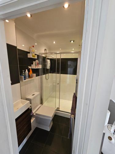 y baño con ducha, aseo y lavamanos. en Modern immaculate studio with aircon & parking en Bristol