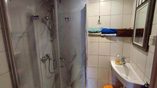 y baño con ducha y lavamanos. en Hainich-Zeit, en Eigenrieden