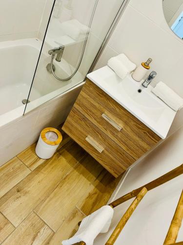 une salle de bain avec un lavabo et une douche dans l'établissement Le Léonard- T5 entre Loire et Château Royal - Manoir de la Concorde, à Amboise