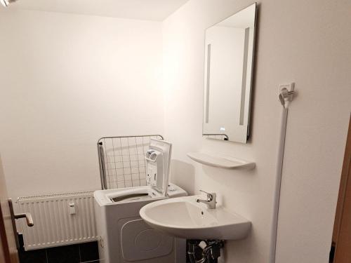 ein weißes Badezimmer mit einem Waschbecken und einem Spiegel in der Unterkunft Work & Stay in Wismar in Wismar