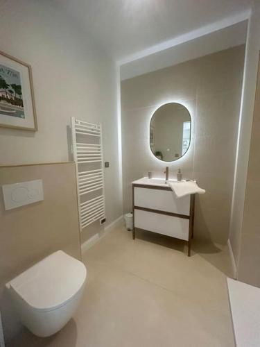 une salle de bain avec toilettes, lavabo et miroir dans l'établissement Apt 2-4pers/6'piedplage/terrasse/parking, à Arcachon