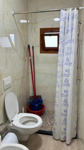 a bathroom with a toilet and a shower curtain at Amel's Apartments Comfortable Family Stay Near Orikum Beach in Orikum