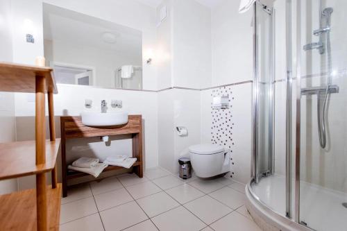 a bathroom with a toilet and a sink and a shower at Apartament przy latarni z garażem Niechorze in Niechorze