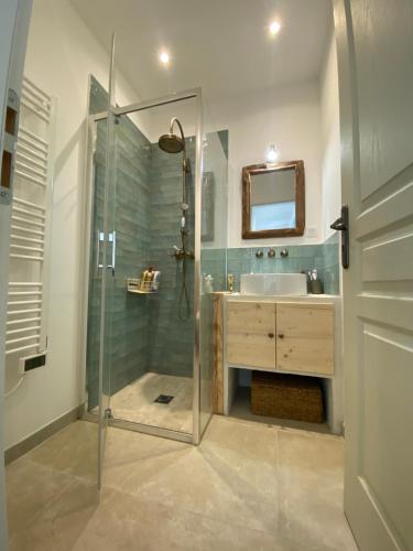 une salle de bain avec douche et lavabo dans l'établissement Magnifique maison de pecheur face à la mer, à Cagnes-sur-Mer